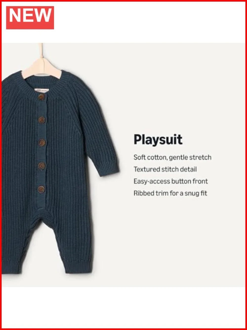 Unisex Toddler Cotton Knit Playsuit Textured Stitch Long Sleeve Romper